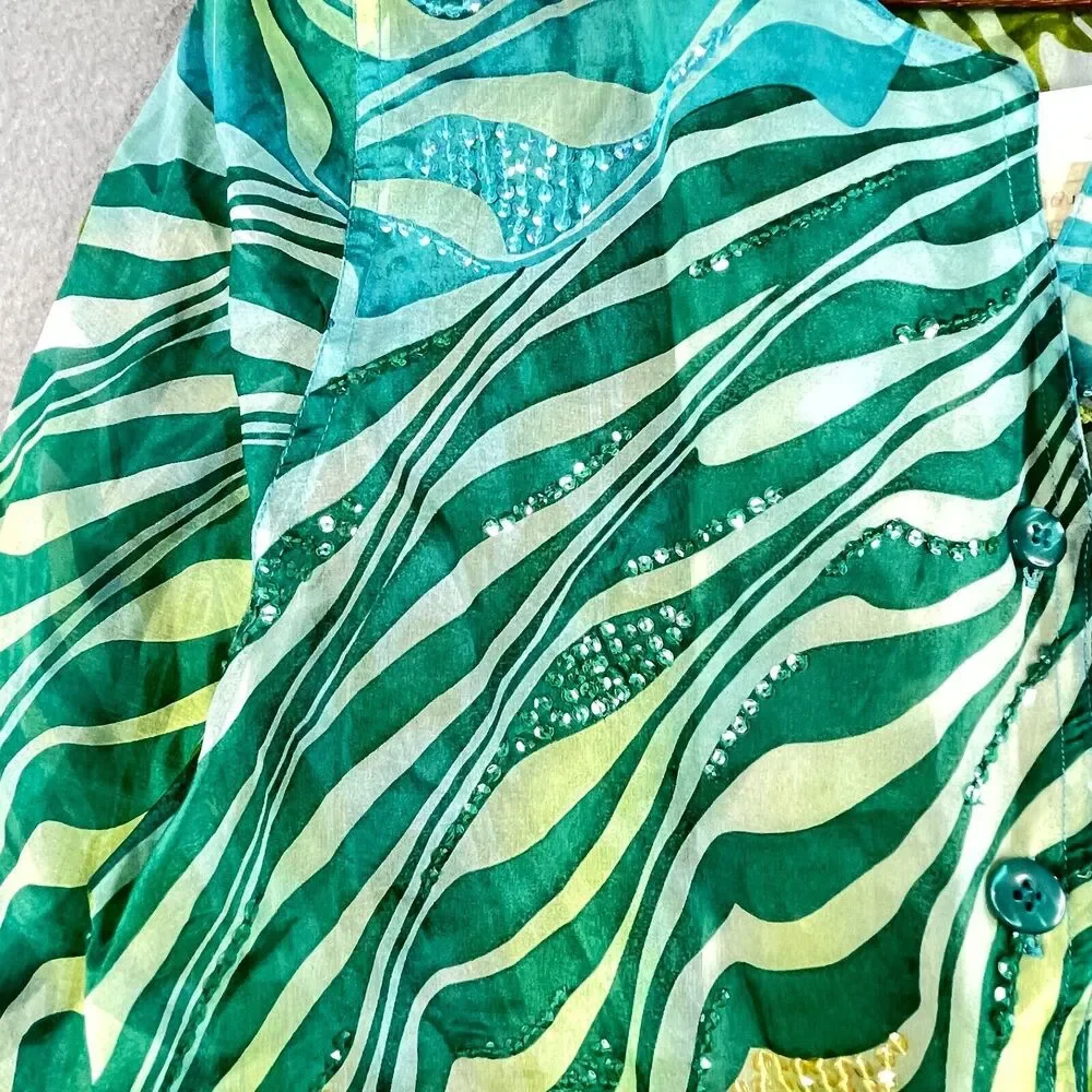 New Diane Gilman Silk Tunic Blouse Womens Med Button Front Sequins Green Blue - Picture 3 of 14